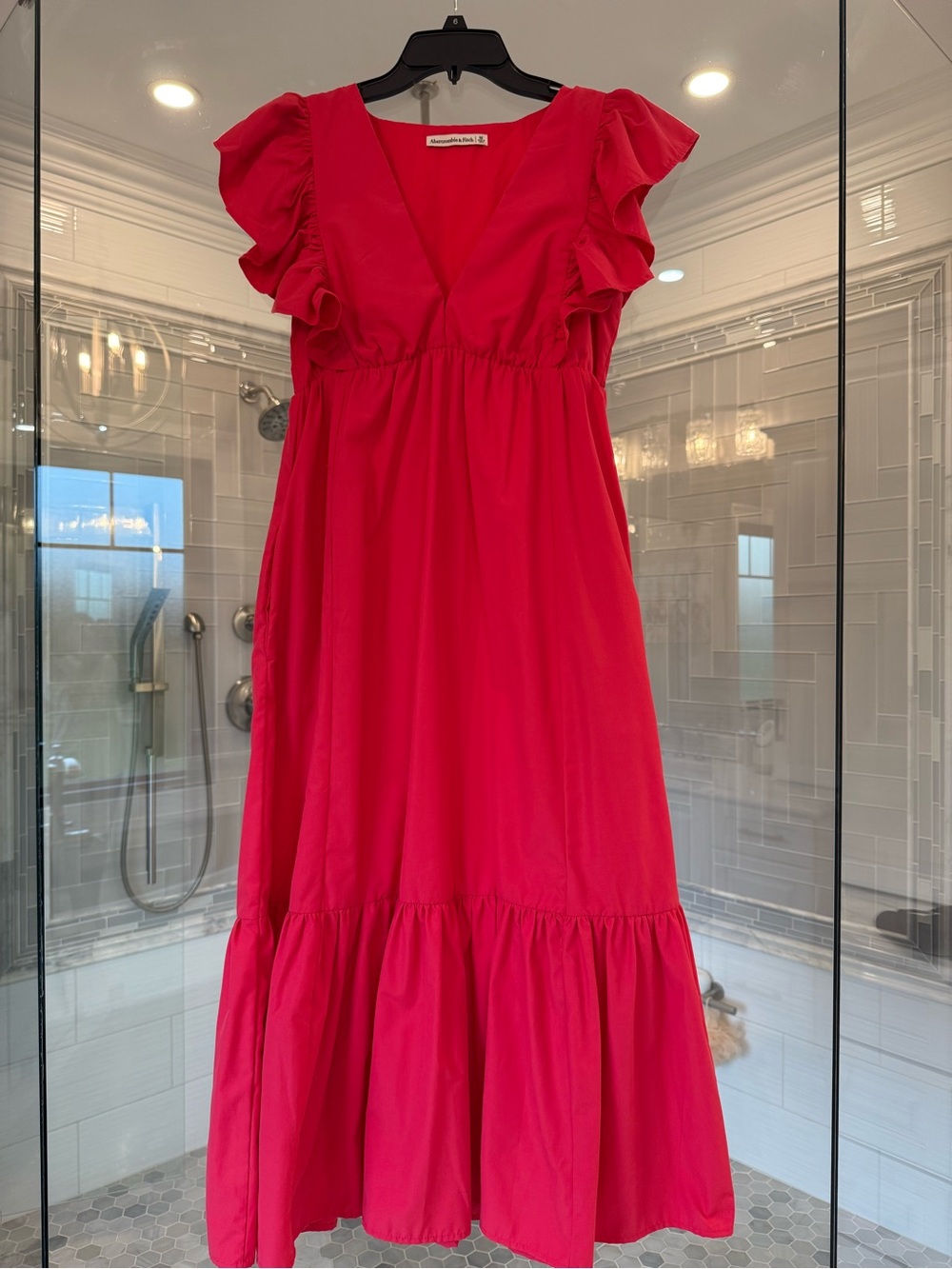 Abercrombie & Fitch Hot Pink Ruffle-Sleeve V-Neck Maxi Dress